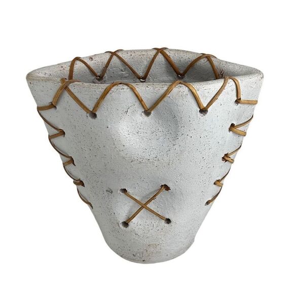 Vintage Minimalist Asian Pottery Vase 7 3/4" White Ceramic with Woven Rattan - Picture 7 of 10